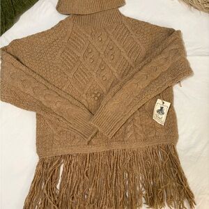 Cozy Tan Cable Knit Sweater with Fringe